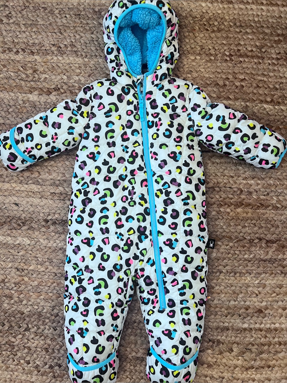 Kids One-Piece Hooded Snowsuit in White with Neon Leopard Print 18month